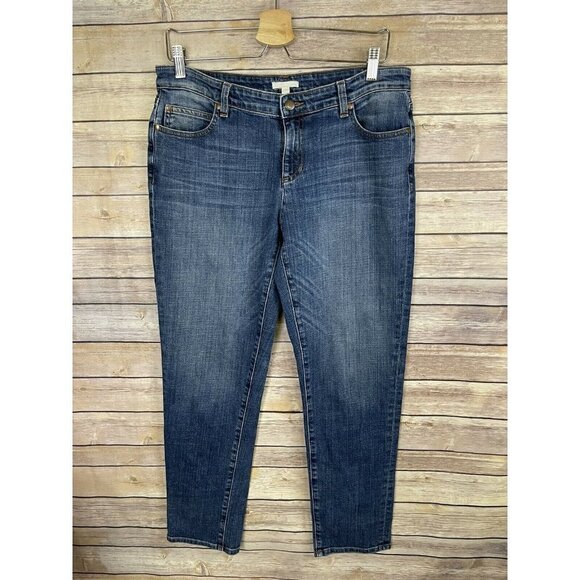 Eileen Fisher Size 8 Jeans Medium Wash Stretchy Denim Blue Slim Leg Ankle Pants - Picture 1 of 10